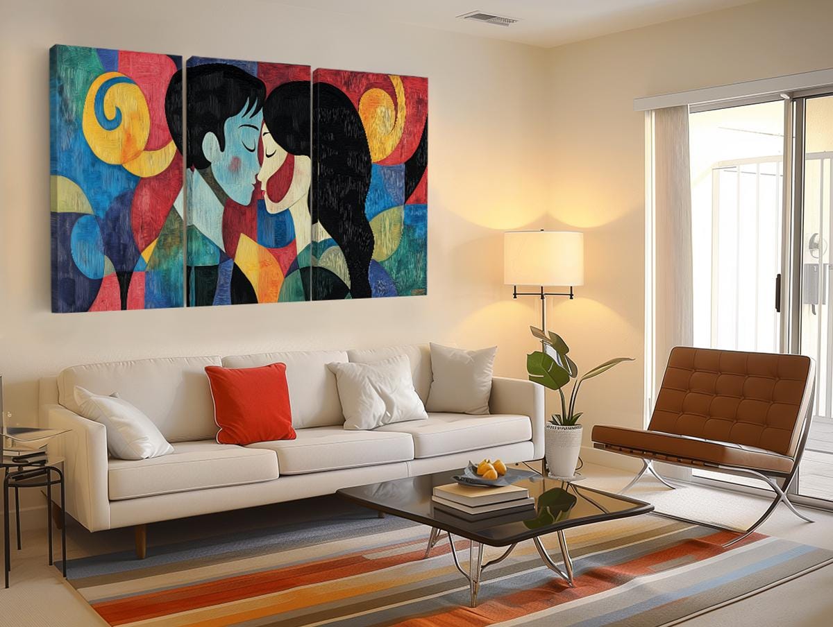 a living room filled with furniture and a painting on the wall