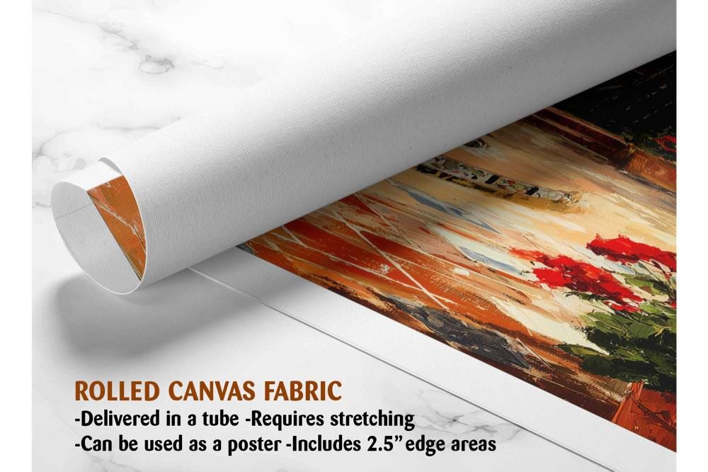 The image is a rolled canvas fabric, which is a type of canvas material used for painting or printing. It is described as a tube-delivered canvas fabric, which means it is delivered in a tube and requires stretching before use. It can be used as a poster with a 2.5&quot; edge area.