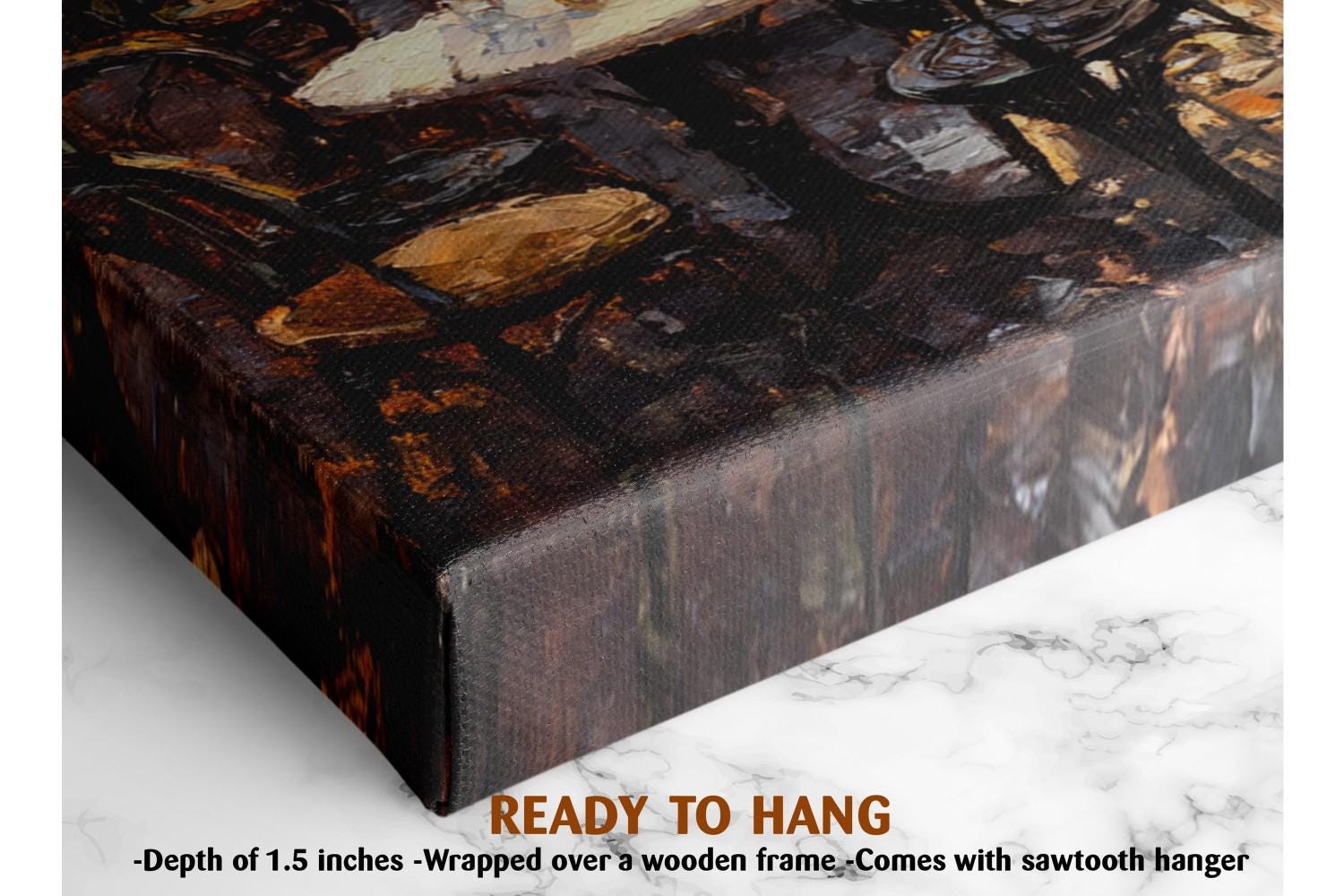 The image is a close-up of a wooden frame with a painting or artwork hanging on it. The frame appears to be made of wood and has a textured surface. The painting is not described in detail, but it is hanging on a wall or surface.