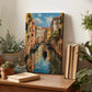 a wooden table with a painting of a canal scene, surrounded by potted plants and books.