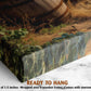 The image is a close-up of a wooden barrel and a grassy area, with a text overlay that reads &quot;READY TO HANG&quot; and provides the dimensions of the artwork as &quot;1.5 inches&quot; and &quot;wrapped over a wooden frame&quot;.