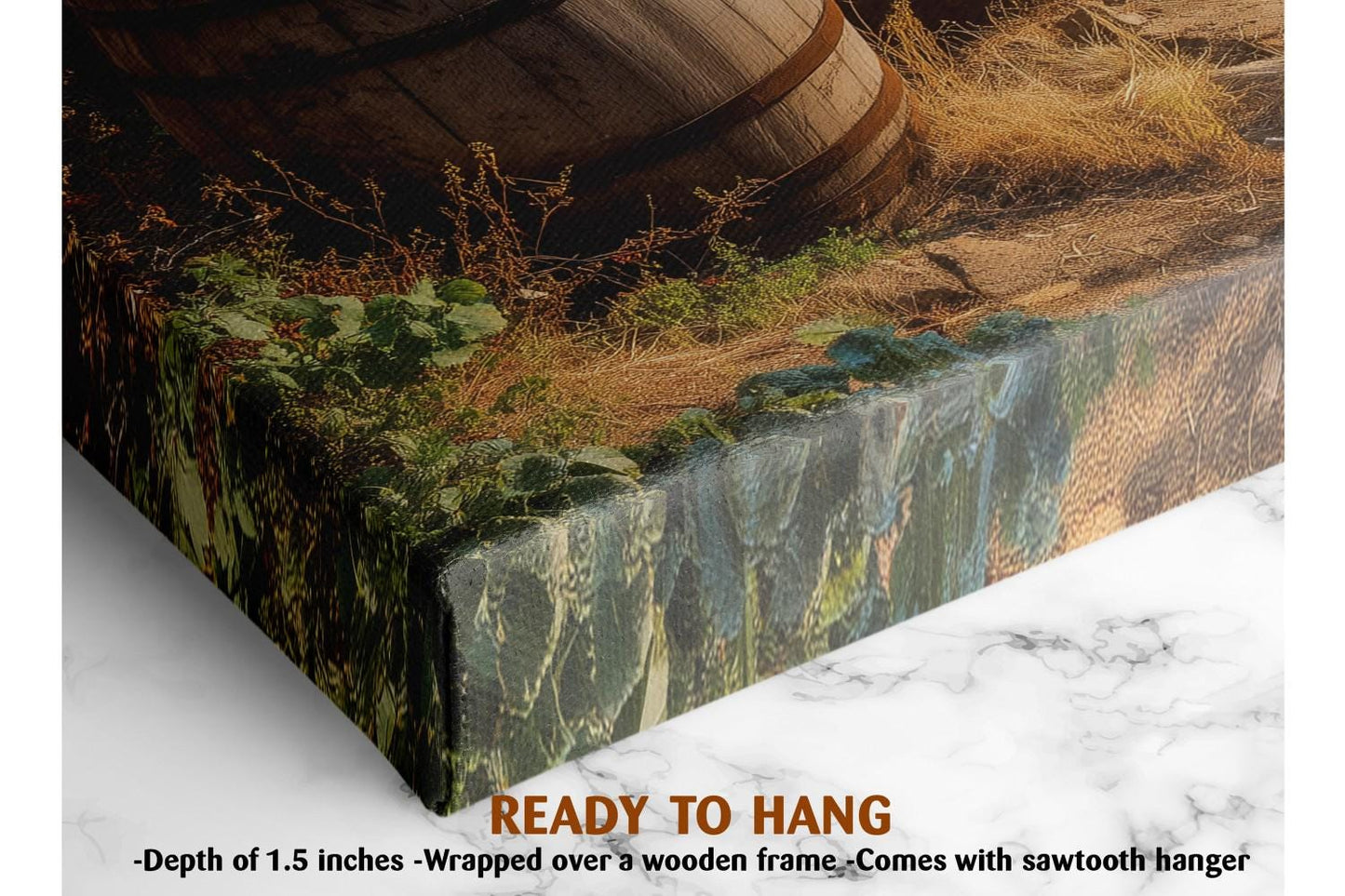 The image is a close-up of a wooden barrel and a grassy area, with a text overlay that reads &quot;READY TO HANG&quot; and provides the dimensions of the artwork as &quot;1.5 inches&quot; and &quot;wrapped over a wooden frame&quot;.