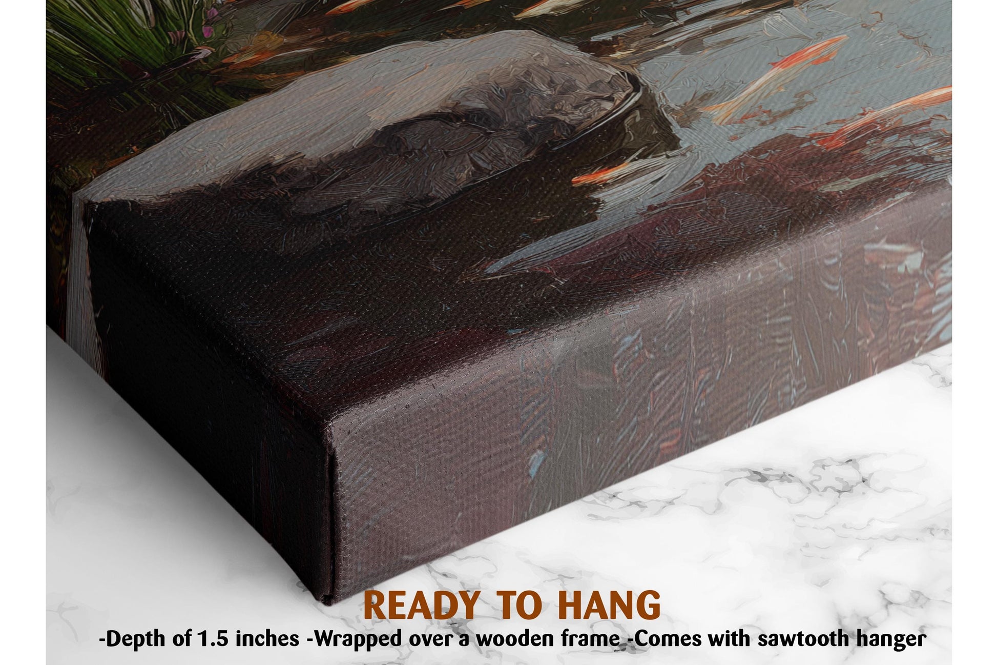 The image is a close-up of a dark-colored, textured surface, possibly a piece of furniture or a painting, with a wooden frame. The text indicates that the image is ready to hang and provides dimensions, stating that it is 1.5 inches deep and wrapped over a wooden frame.