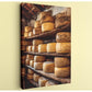 A wall with wooden shelves displaying various types of cheese.