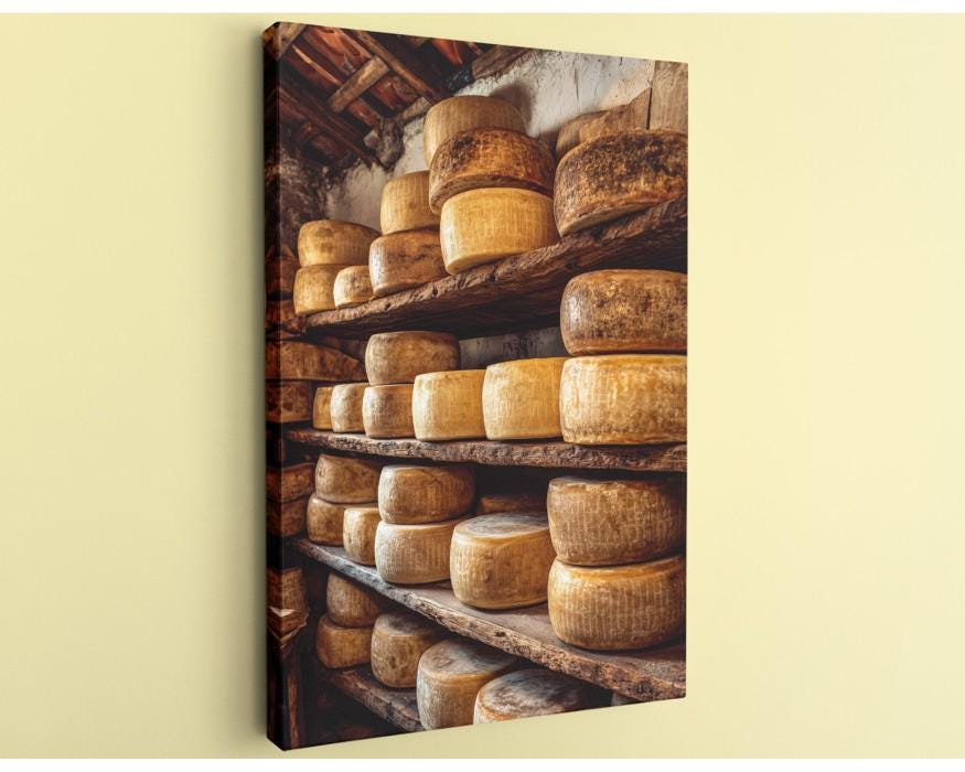 A wall with wooden shelves displaying various types of cheese.