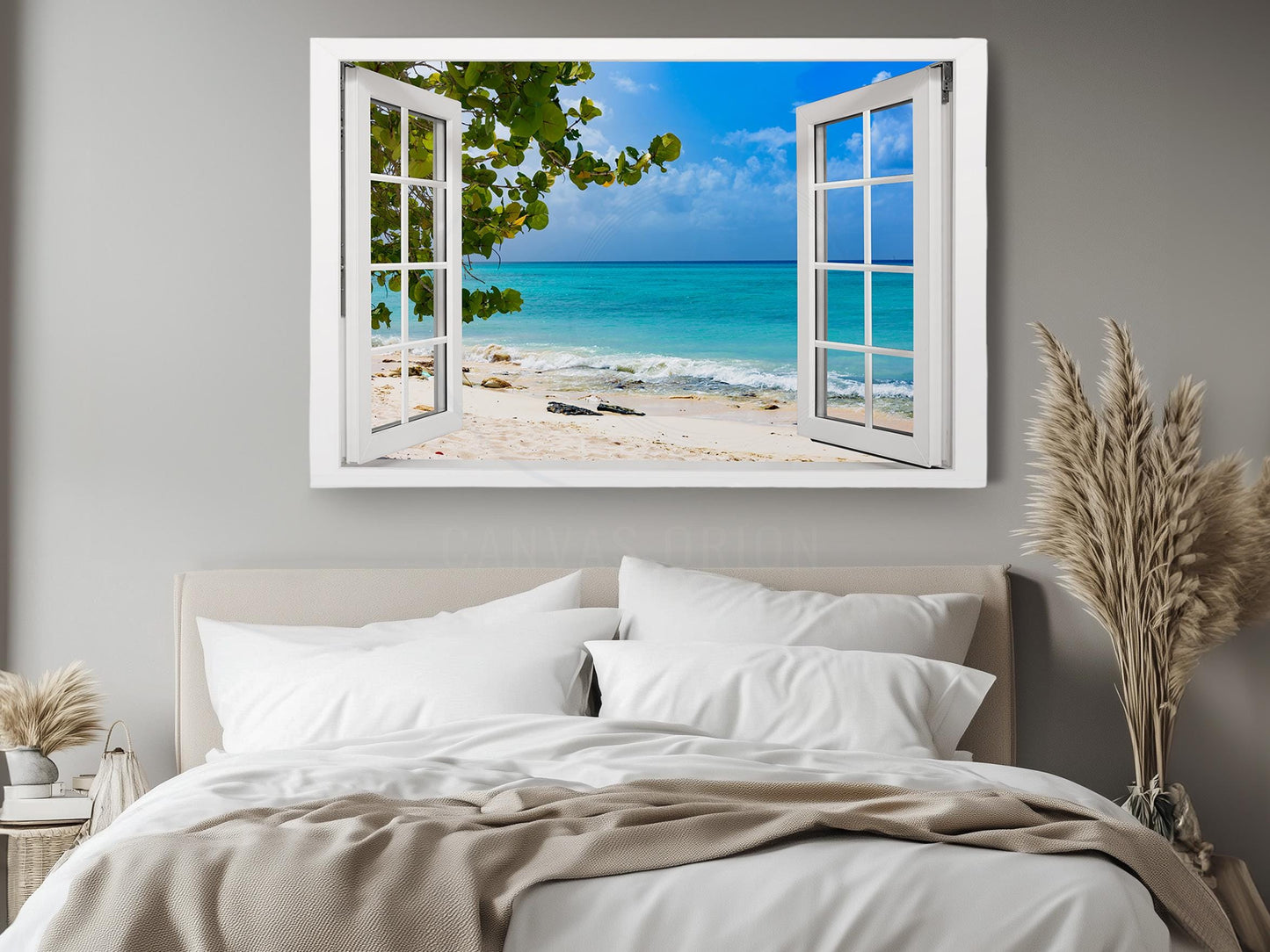 a bedroom with an open window overlooking the ocean