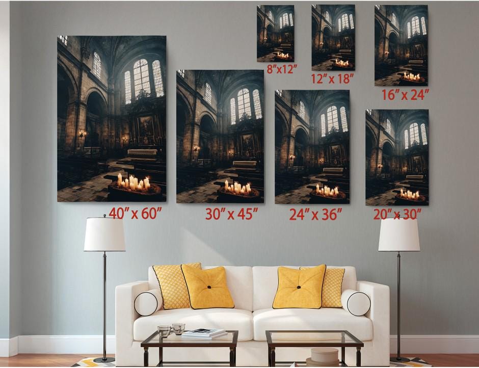 The image is a living room with a white sofa and a coffee table. Above the sofa, there are six framed images of a cathedral, each with a different size and resolution, ranging from 6 x 12 to 20 x 30. The images are arranged in a grid-like pattern on the wall, creating a visually appealing display.