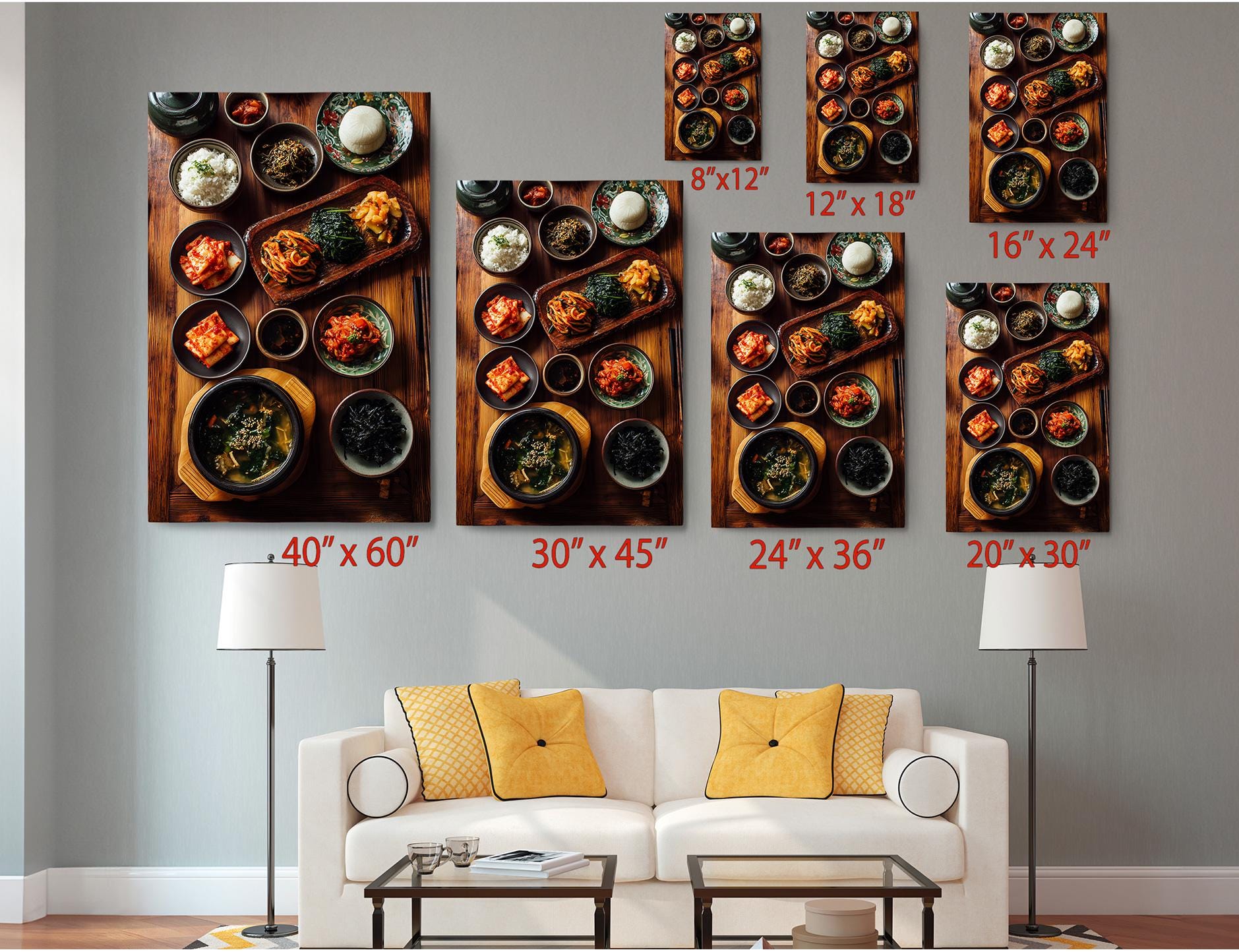 a living room with a white sofa and a coffee table. Above the sofa, there are six framed images of various dishes, including bowls, plates, and other food items. Each image is labeled with its size in inches, ranging from 8&quot;x12&quot; to 24&quot;x36&quot;.