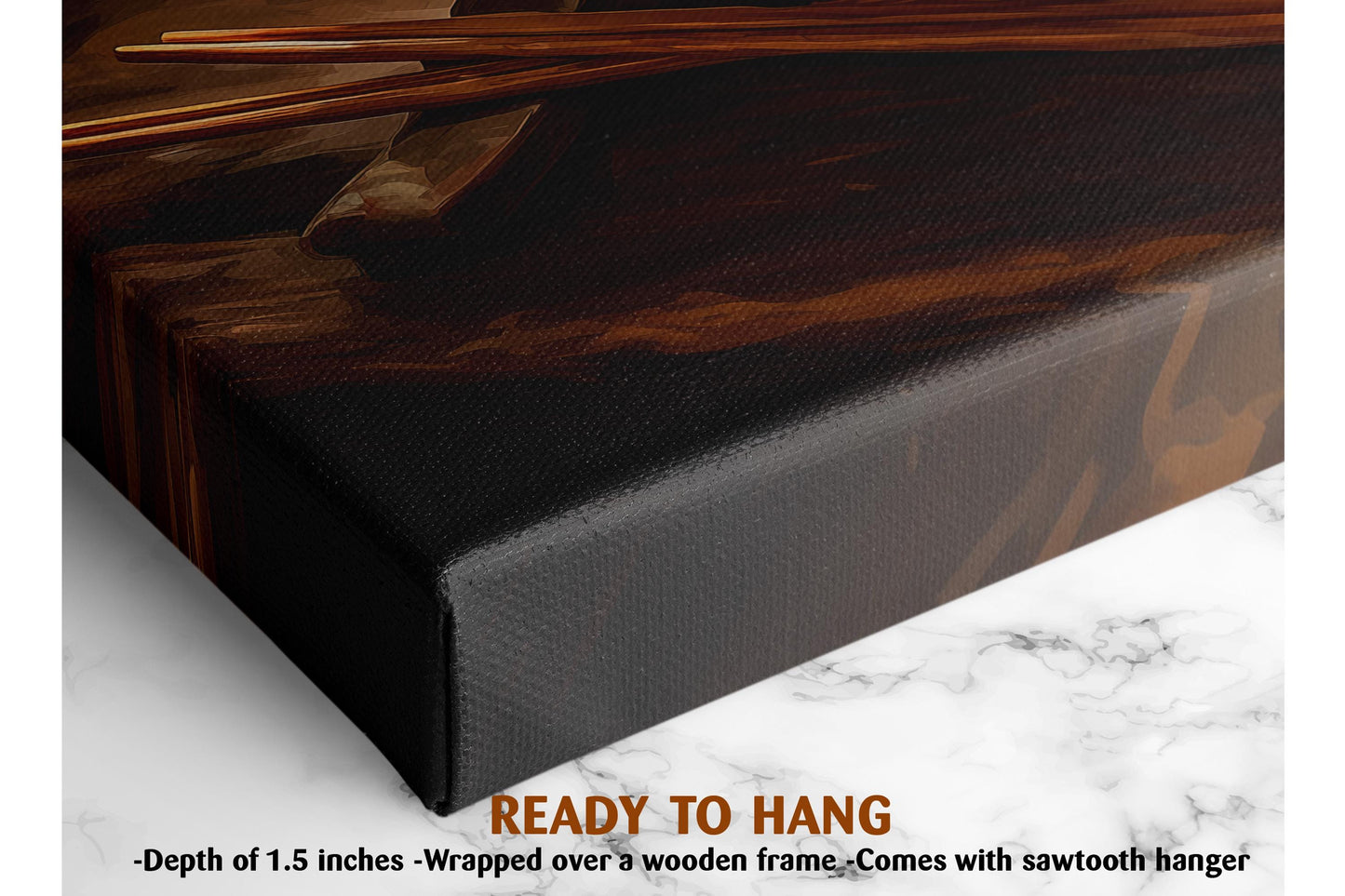 The image is a close-up of a black canvas with a wooden frame, and it appears to be a painting or artwork. The text below the image indicates that it is a ready-to-hang piece, with a depth of 1.5 inches and a wooden frame.