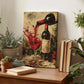 a wooden table with a painting of a wine glass and a bottle of wine, surrounded by potted plants and books.
