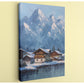 a picturesque winter scene with a snowy mountain landscape in the background and a quaint village nestled in the foreground.