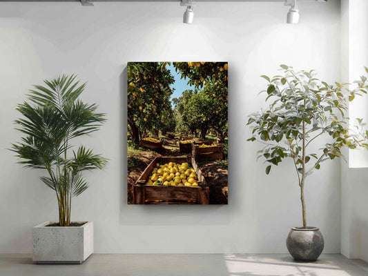 a lush, green orchard with a large crate filled with ripe, yellow lemons. The crate is surrounded by an abundance of fruit, creating a vibrant and inviting scene.