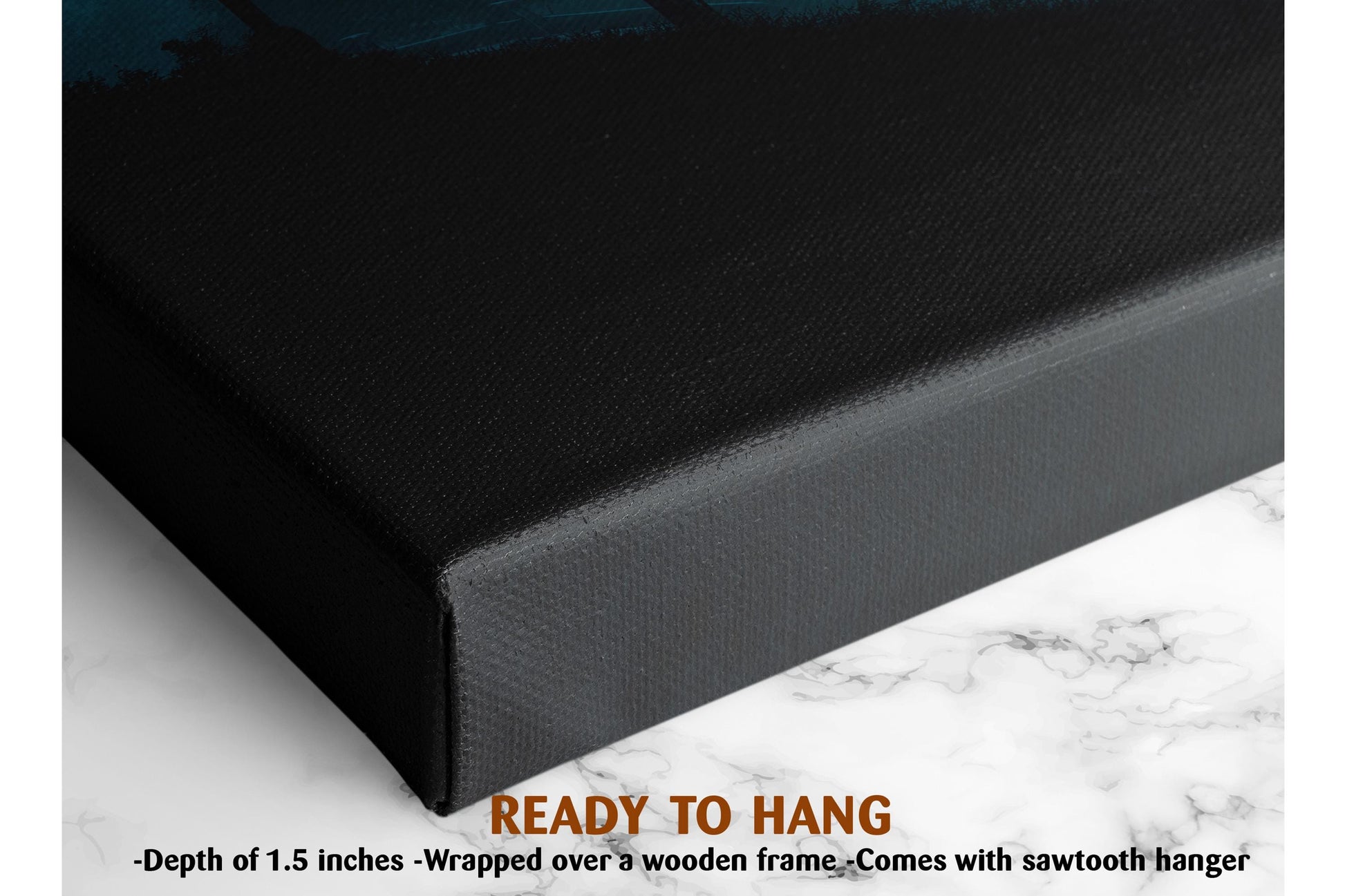 The image is a close-up of a black canvas with a wooden frame, and it is described as a ready-to-hang piece.