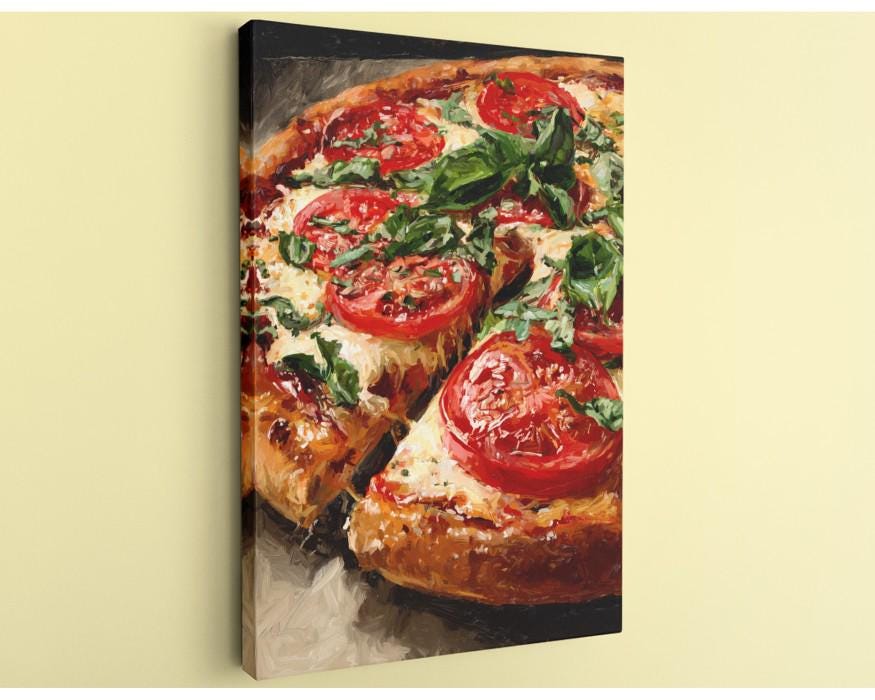 A close-up of a delicious pizza with fresh basil leaves, ripe tomatoes, and melted cheese.