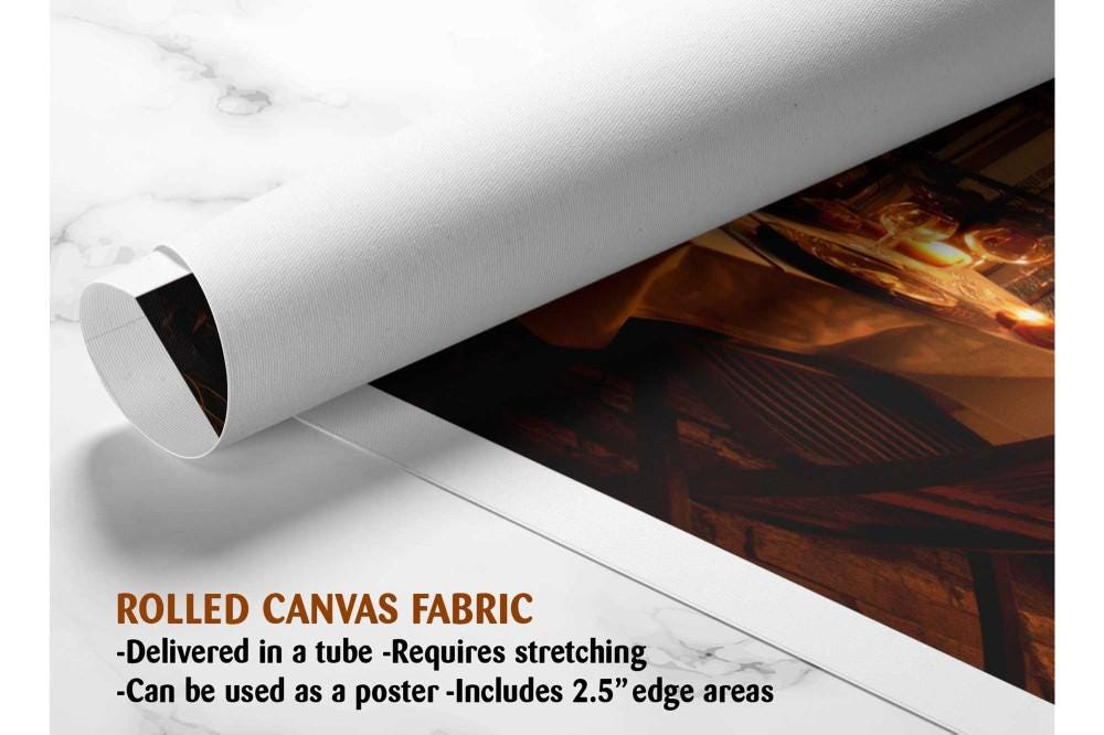 The image is a rolled canvas fabric, which is a type of canvas material used for painting or printing. It is described as a tube-delivered fabric, which means it is delivered in a tube and requires stretching before use. The fabric can be used as a poster, with a 2.5&quot; edge area.
