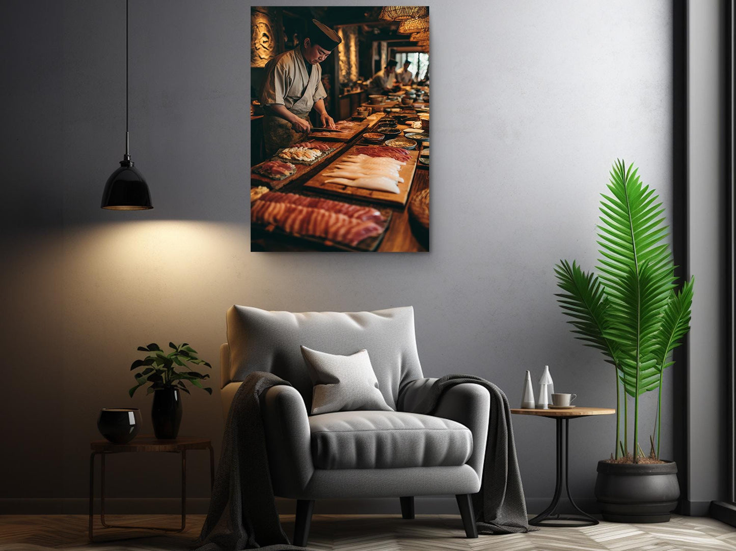 a cozy living room with a comfortable gray armchair, a wooden side table, and a potted plant. Above the armchair, there is a framed photograph of a chef preparing food in a kitchen.