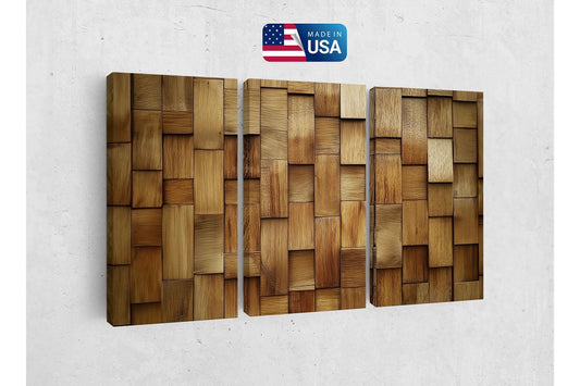 a set of three wooden panels on a wall