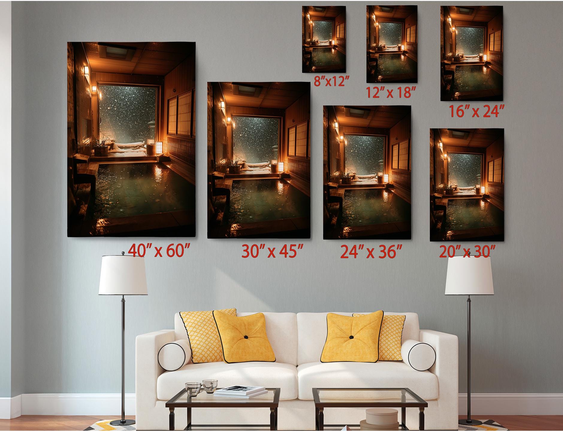 The image is a living room with a white sofa and a coffee table, and there are six framed photographs of the same scene displayed on the wall.