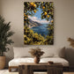 a living room with a large painting of a scenic coastal landscape hanging on the wall, depicting a view of the sea and mountains. The room is decorated with potted plants, a wooden coffee table, and a vase, creating a cozy and inviting atmosphere.