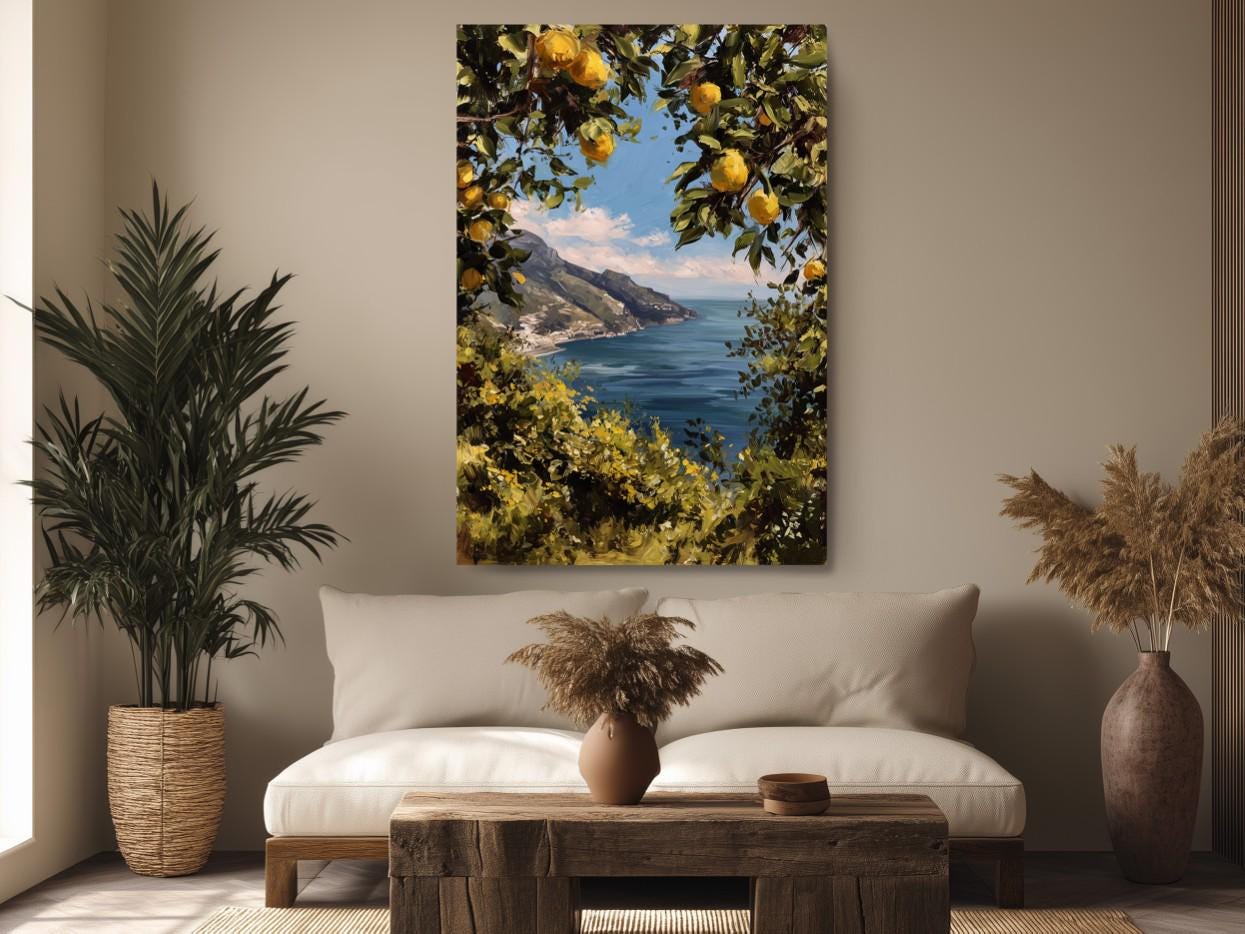 a living room with a large painting of a scenic coastal landscape hanging on the wall, depicting a view of the sea and mountains. The room is decorated with potted plants, a wooden coffee table, and a vase, creating a cozy and inviting atmosphere.
