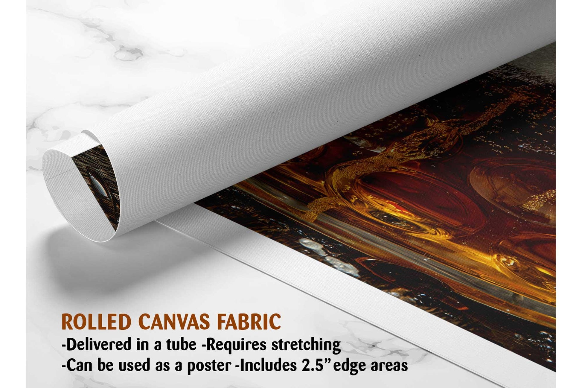 The image is a rolled canvas fabric, which is a type of canvas material used for painting or printing. It is described as a tube-delivered canvas fabric, which means it is delivered in a tube and requires stretching before use. It can be used as a poster with a 2.5&quot; edge area.