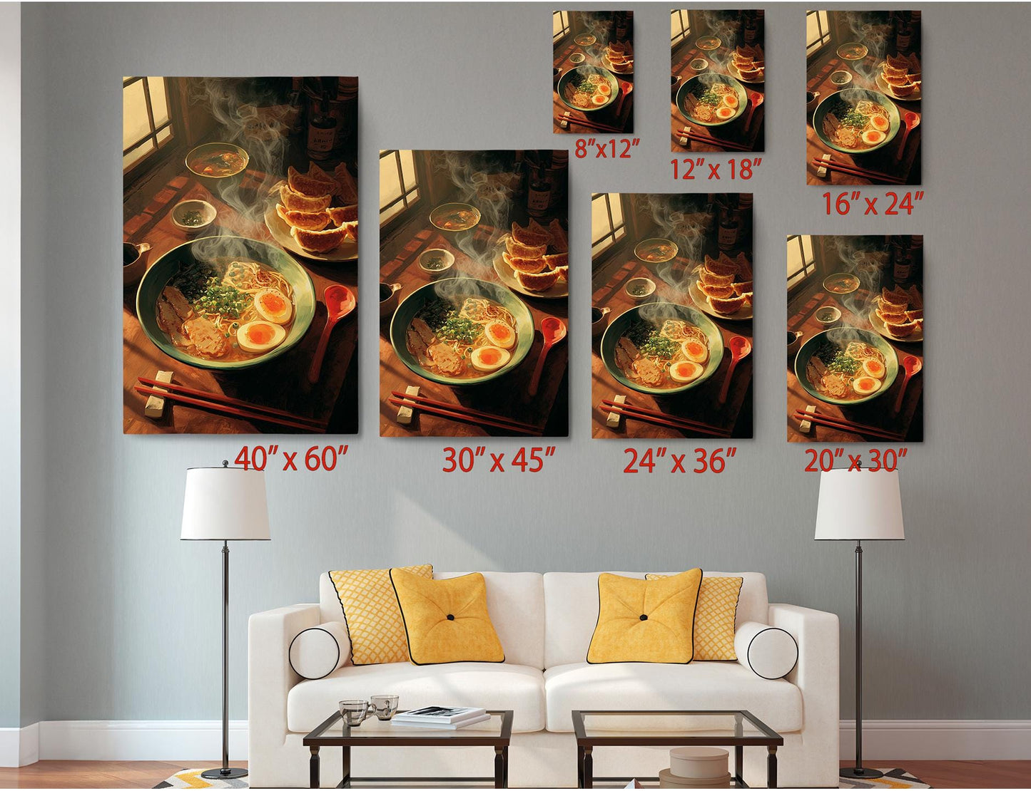 The image is a living room with a white couch and a coffee table. Above the couch, there are six framed images of various sizes, each depicting different scenes related to food, such as bowls of soup and plates of food. The images are arranged in a grid-like pattern on the wall, creating a visually appealing display.