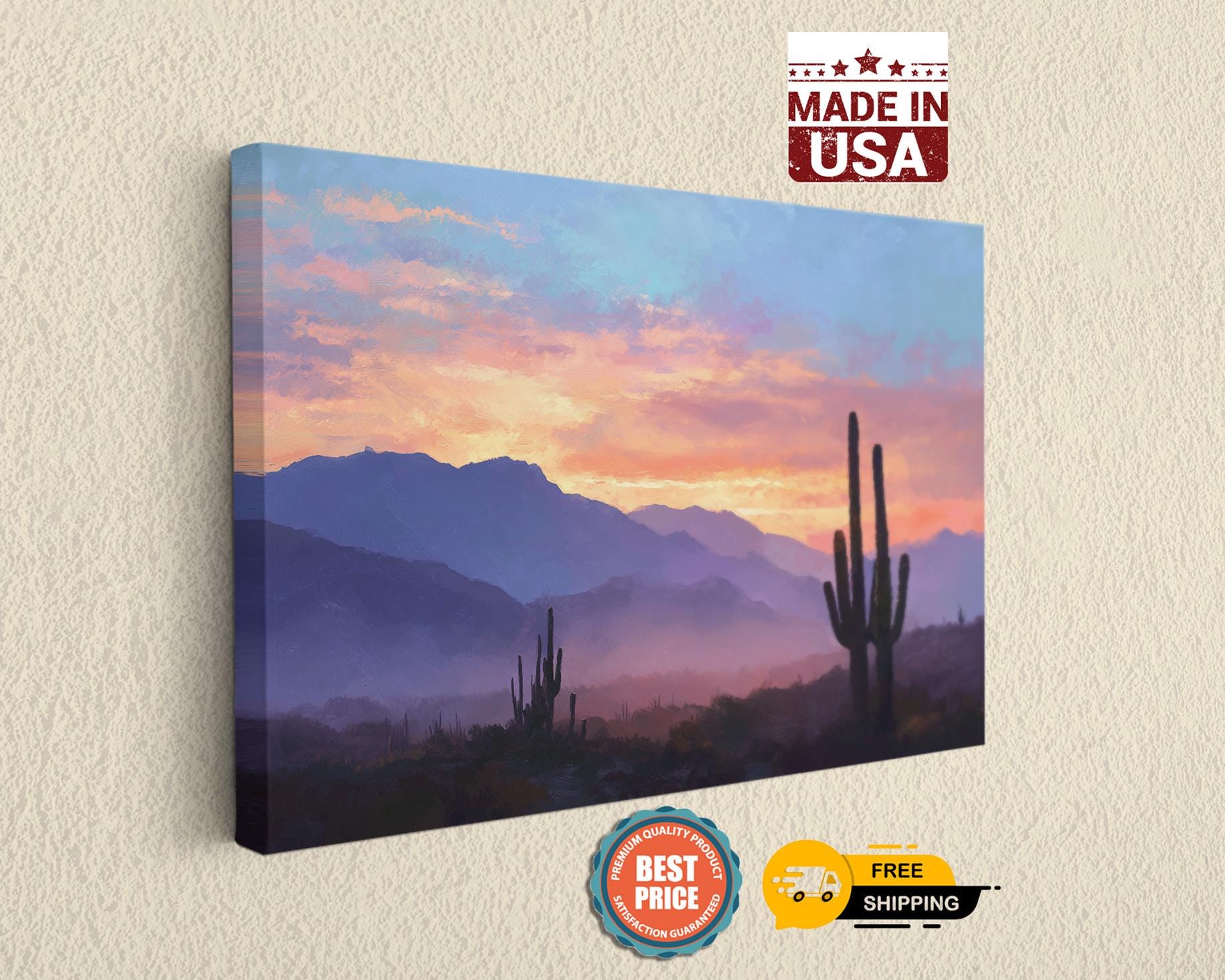 The image is a painting of a desert landscape at sunset, featuring mountains and cacti silhouetted against a colorful sky.