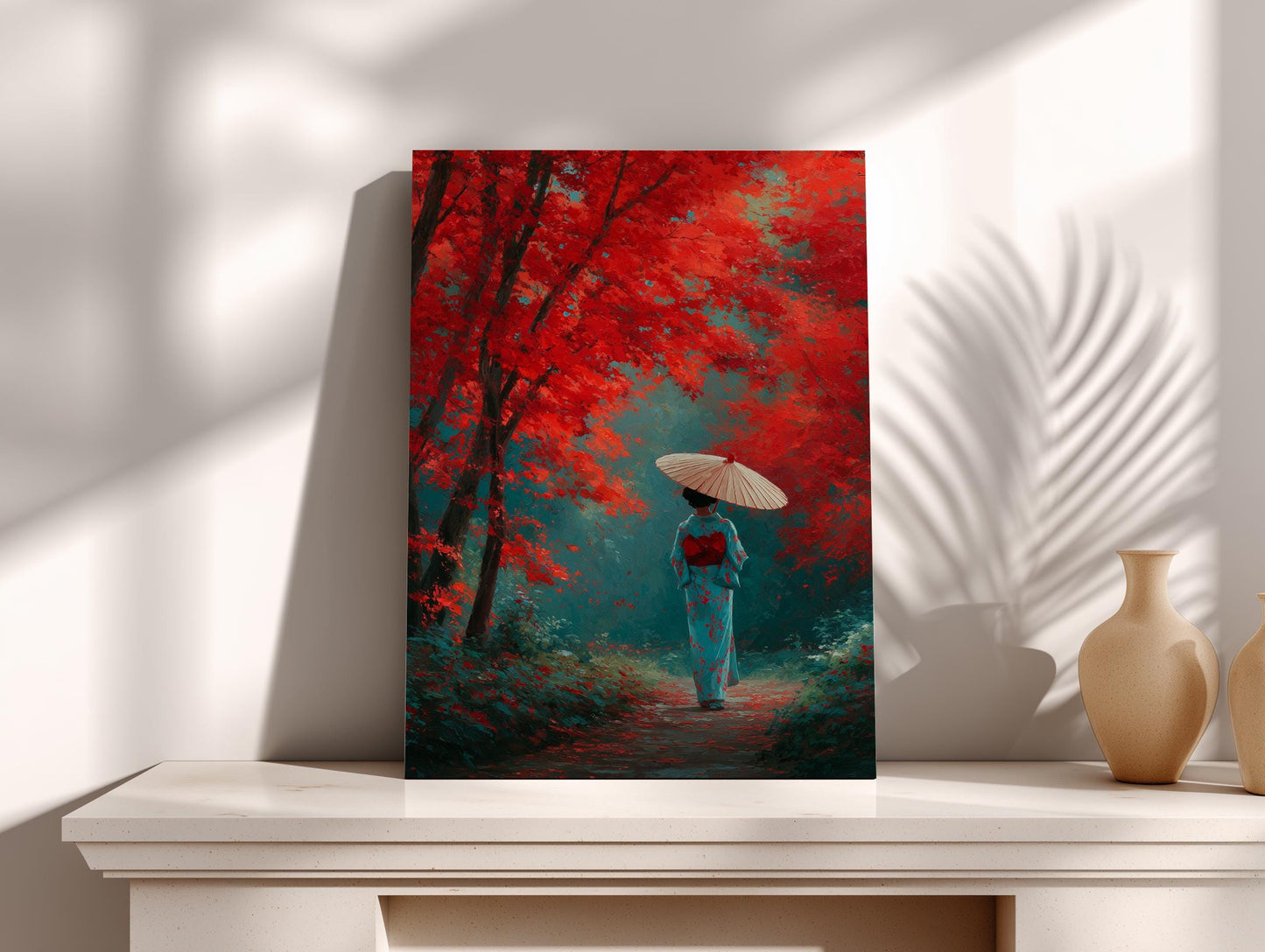 A woman in a blue kimono walks along a path through a forest of red trees, holding a white parasol.