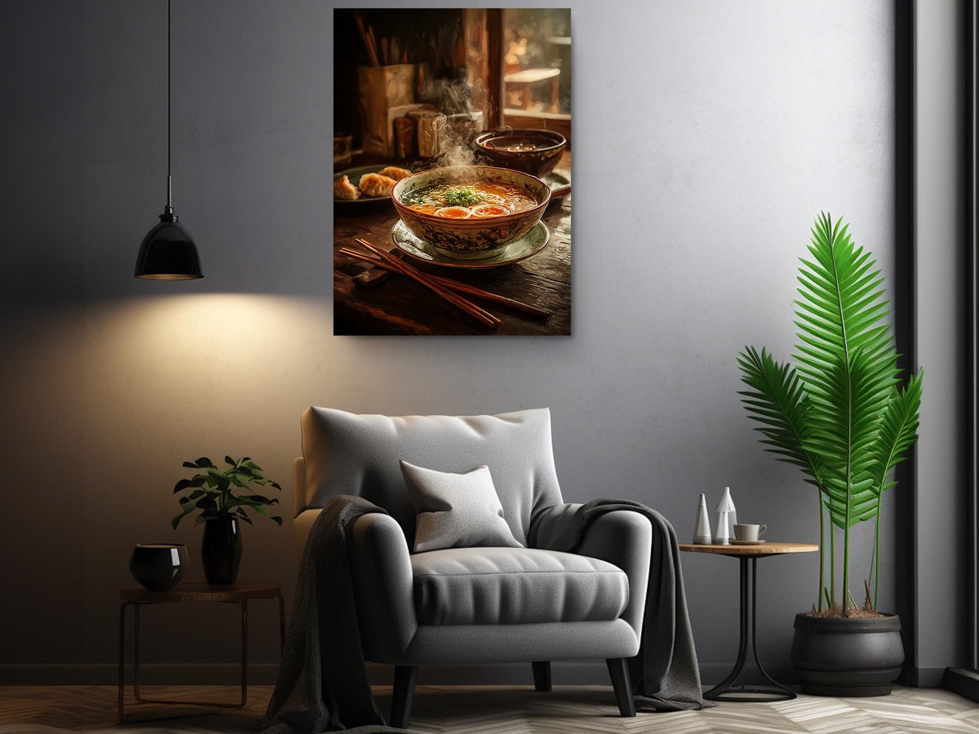 a cozy living room with a comfortable gray armchair, a wooden side table, and a potted plant. Above the armchair, there is a framed photograph of a bowl of soup with steam rising from it, creating a warm and inviting atmosphere.