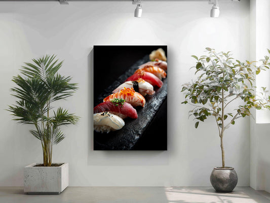 a framed photograph of a sushi dish on a black surface, with a variety of colorful sushi rolls and ingredients arranged in a visually appealing manner.