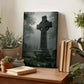 a wooden table with a framed photograph of a cross in a foggy graveyard, surrounded by potted plants and books.