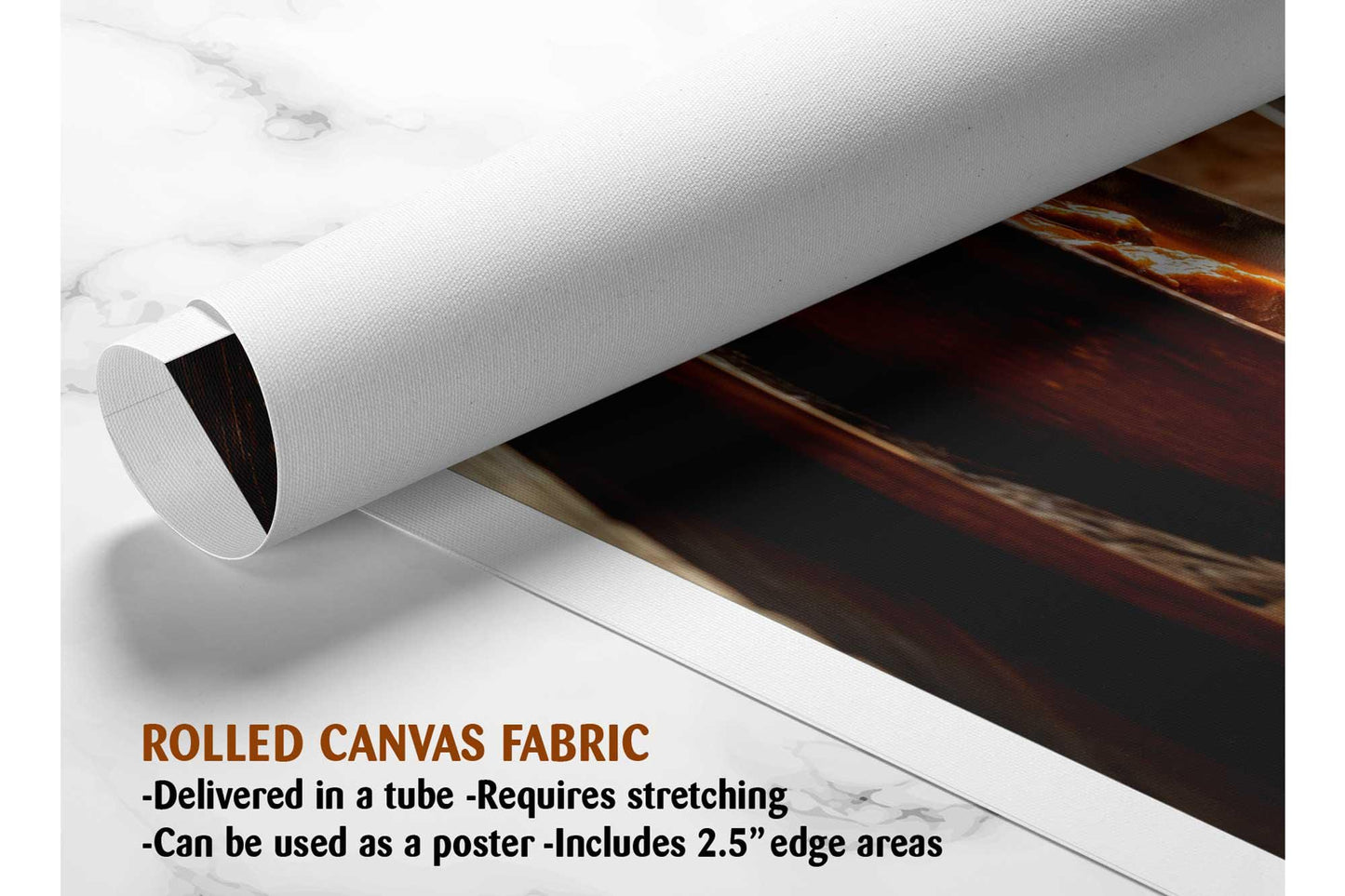 The image is a rolled canvas fabric, which is a type of canvas material used for creating posters or wall art. It is delivered in a tube and requires stretching before use. The fabric can be used as a poster and includes a 2.5&quot; edge area.