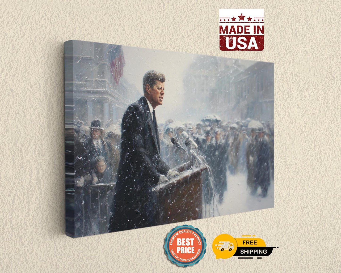 The image is a painting of a man giving a speech at a podium, surrounded by a crowd of people.