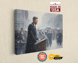 The image is a painting of a man giving a speech at a podium, surrounded by a crowd of people.