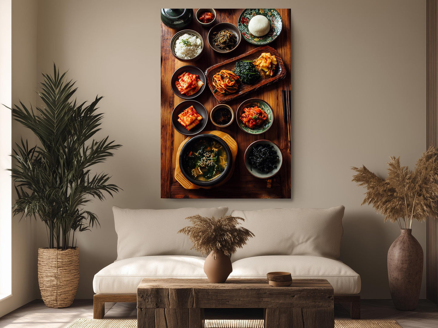 a cozy living room with a large wooden dining table displaying an array of colorful dishes, including rice, vegetables, and other food items. The table is surrounded by a comfortable couch and a coffee table, creating a warm and inviting atmosphere. The room is decorated with potted plants and vases, adding a touch of nature and elegance to the space.