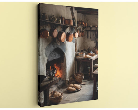 a rustic kitchen with a stone fireplace, hanging copper pots, and baskets of bread on the floor.