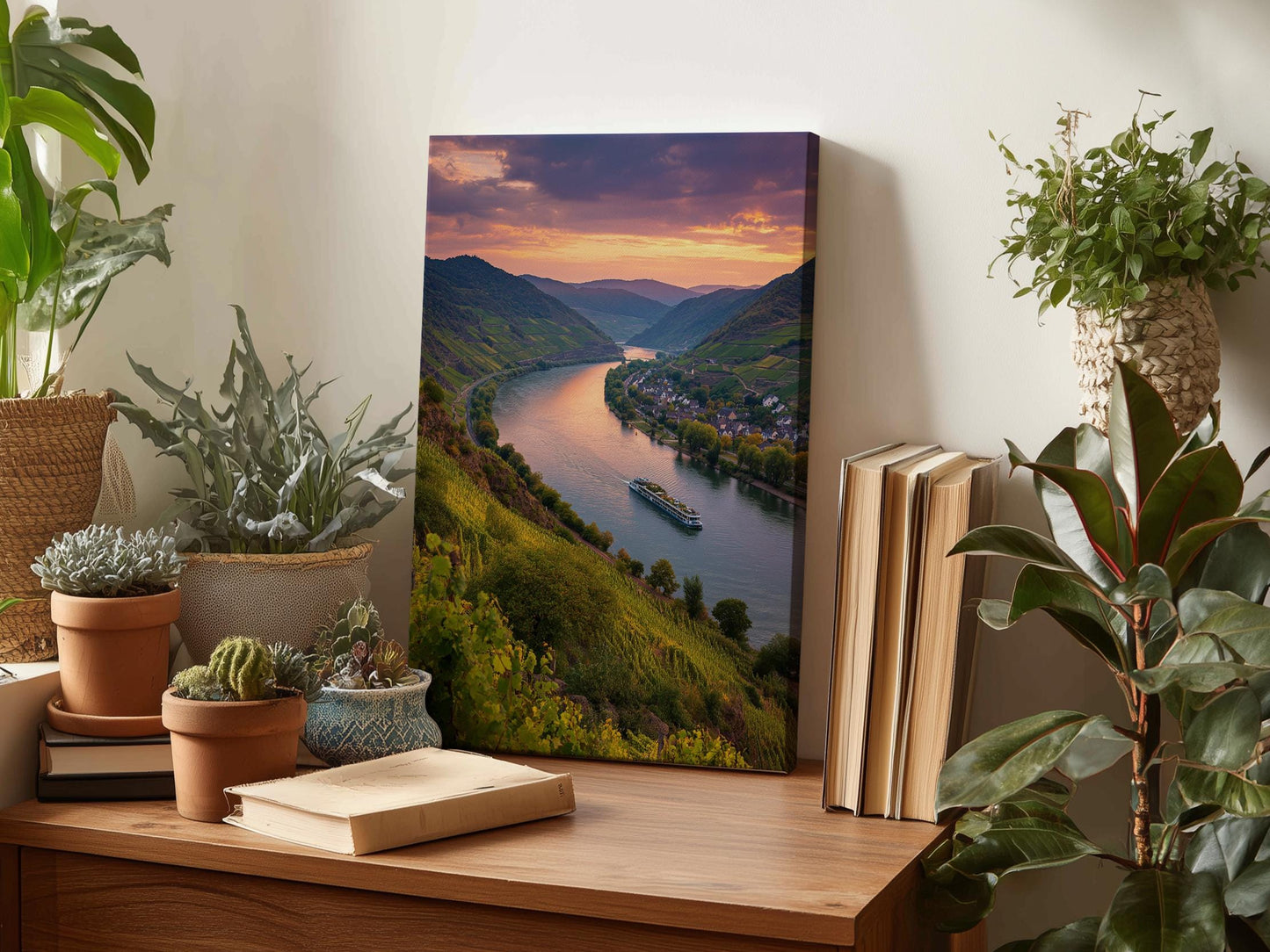 a wooden desk with a framed landscape photograph of a river valley, surrounded by mountains and a sunset sky. The photograph is placed on the desk, which also has several potted plants, books, and other decorative items.