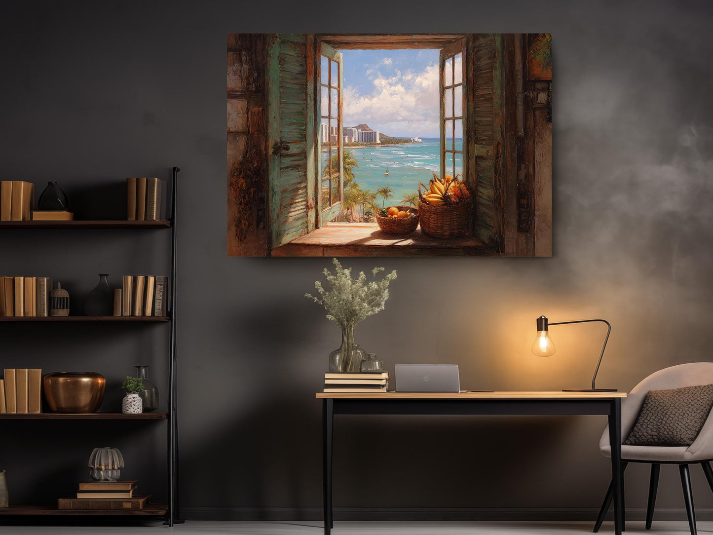 a cozy living space with a large window that offers a view of the ocean and a basket of fruit. The room has a bookshelf, a desk with a lamp, and a vase of flowers, creating a warm and inviting atmosphere.
