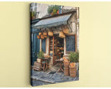 a quaint bakery with a rustic charm, featuring a wooden door, a chalkboard sign, and baskets of bread displayed outside.