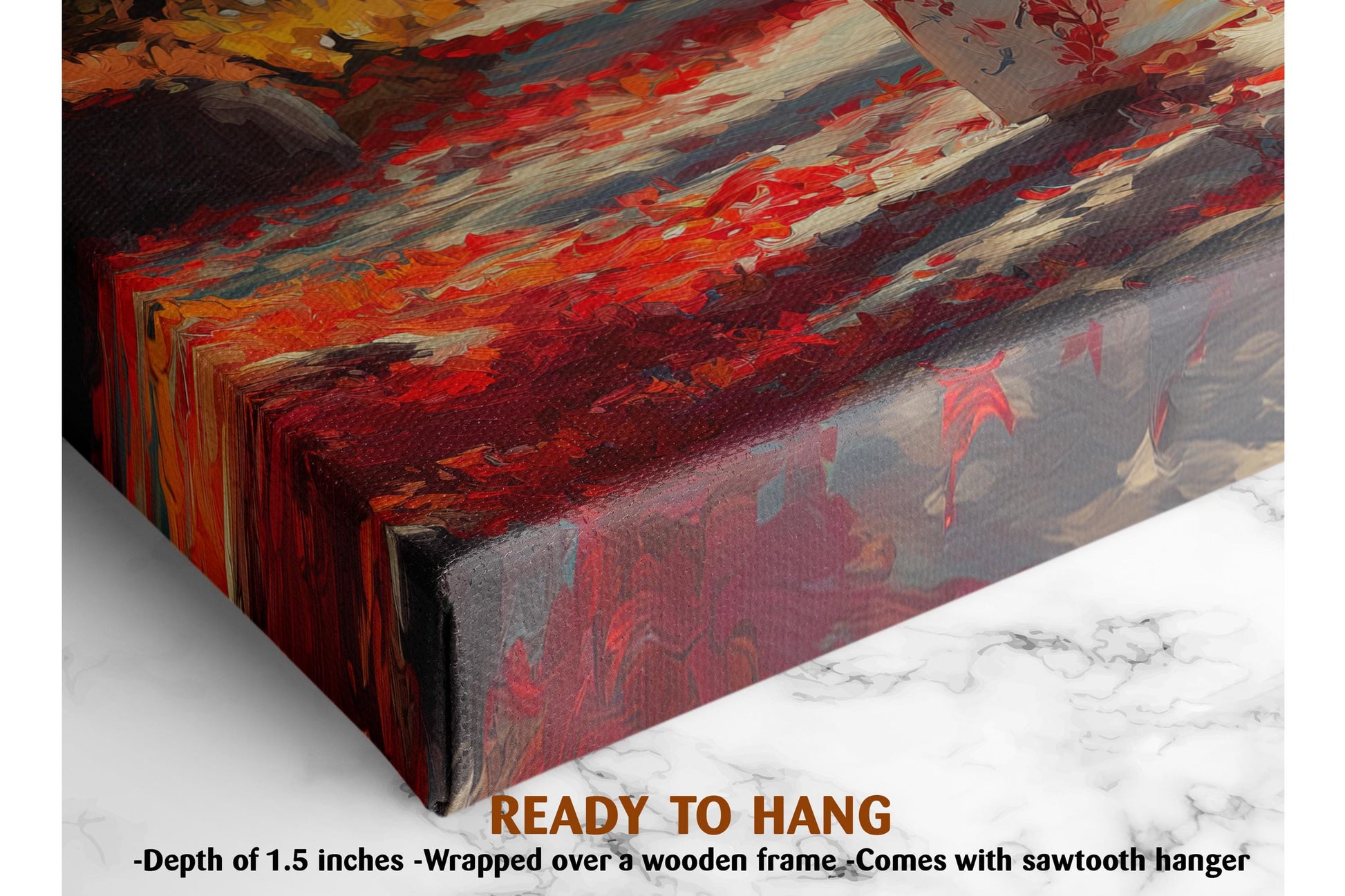 The image is a close-up of a vibrant, abstract painting with bold red and orange colors. The painting is wrapped over a wooden frame, and it features a sawtooth hanger, indicating that it is a ready-to-hang artwork. The painting is described as having a depth of 1.5 inches, which means it is a relatively large piece.