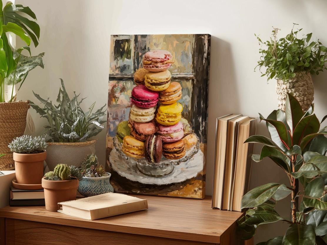 a wooden table with a painting of colorful macarons on a glass plate, surrounded by potted plants and books.