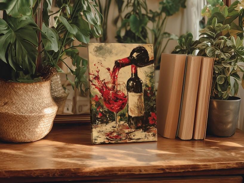 a painting of a wine glass with red wine being poured, surrounded by potted plants and books on a wooden surface.