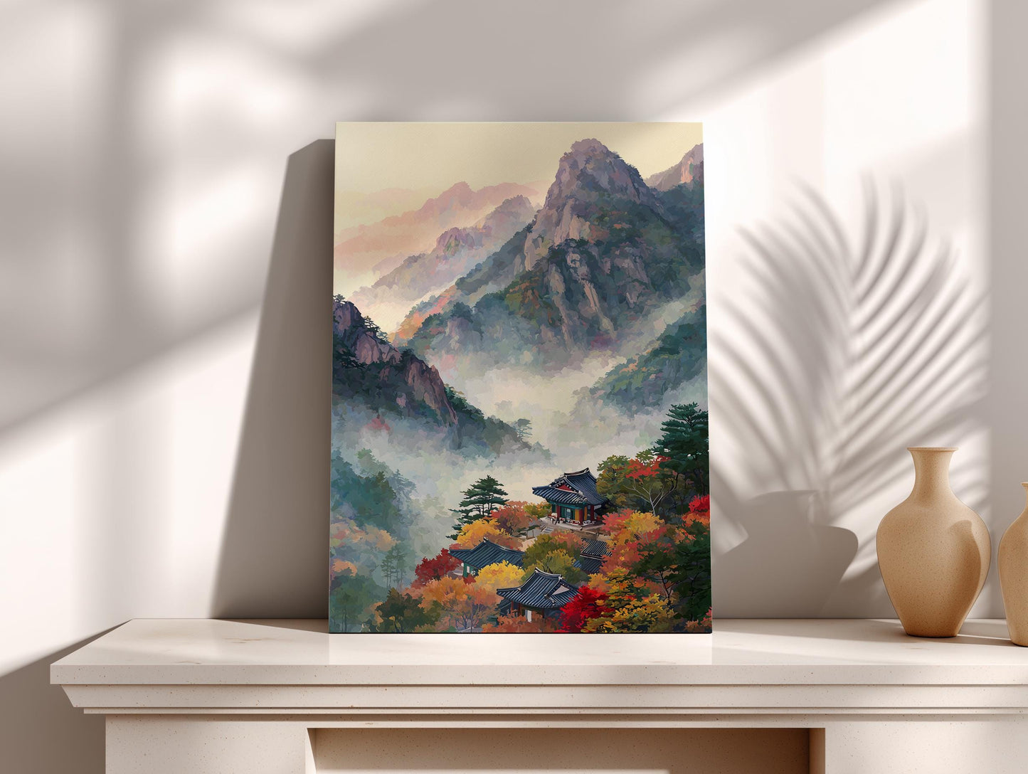 a painting of a mountainous landscape with a temple nestled among the trees, set against a backdrop of misty mountains.
