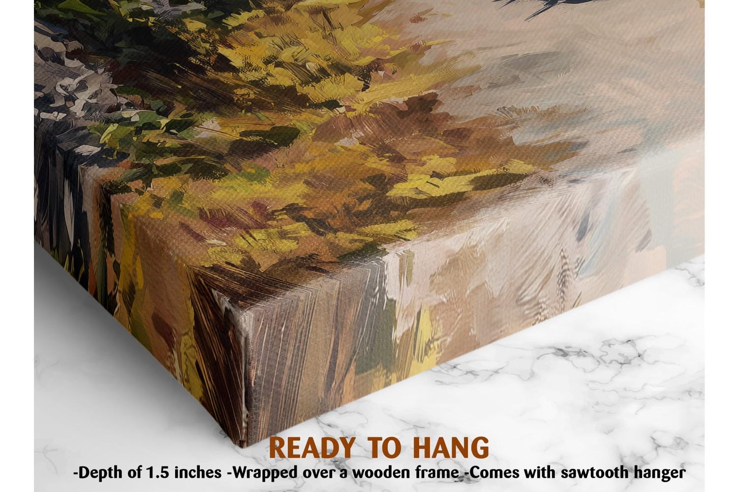 The image is a close-up of a wooden frame with a painting on it, and it is described as a ready-to-hang canvas.