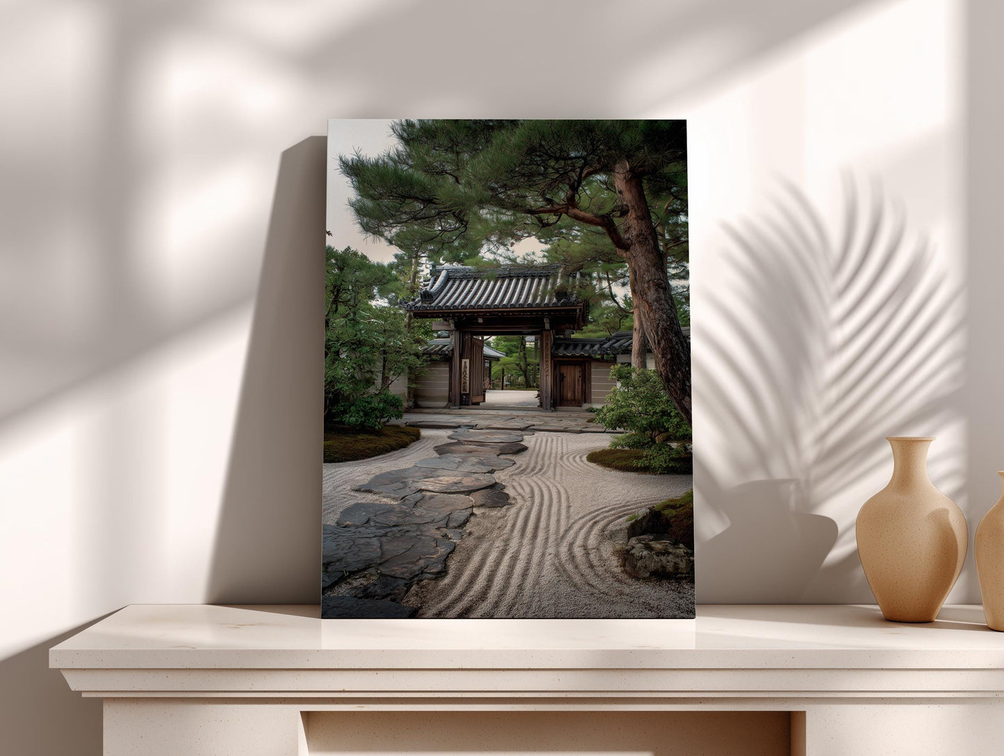 a serene Japanese garden with a traditional wooden gate and a stone path leading to a temple entrance.