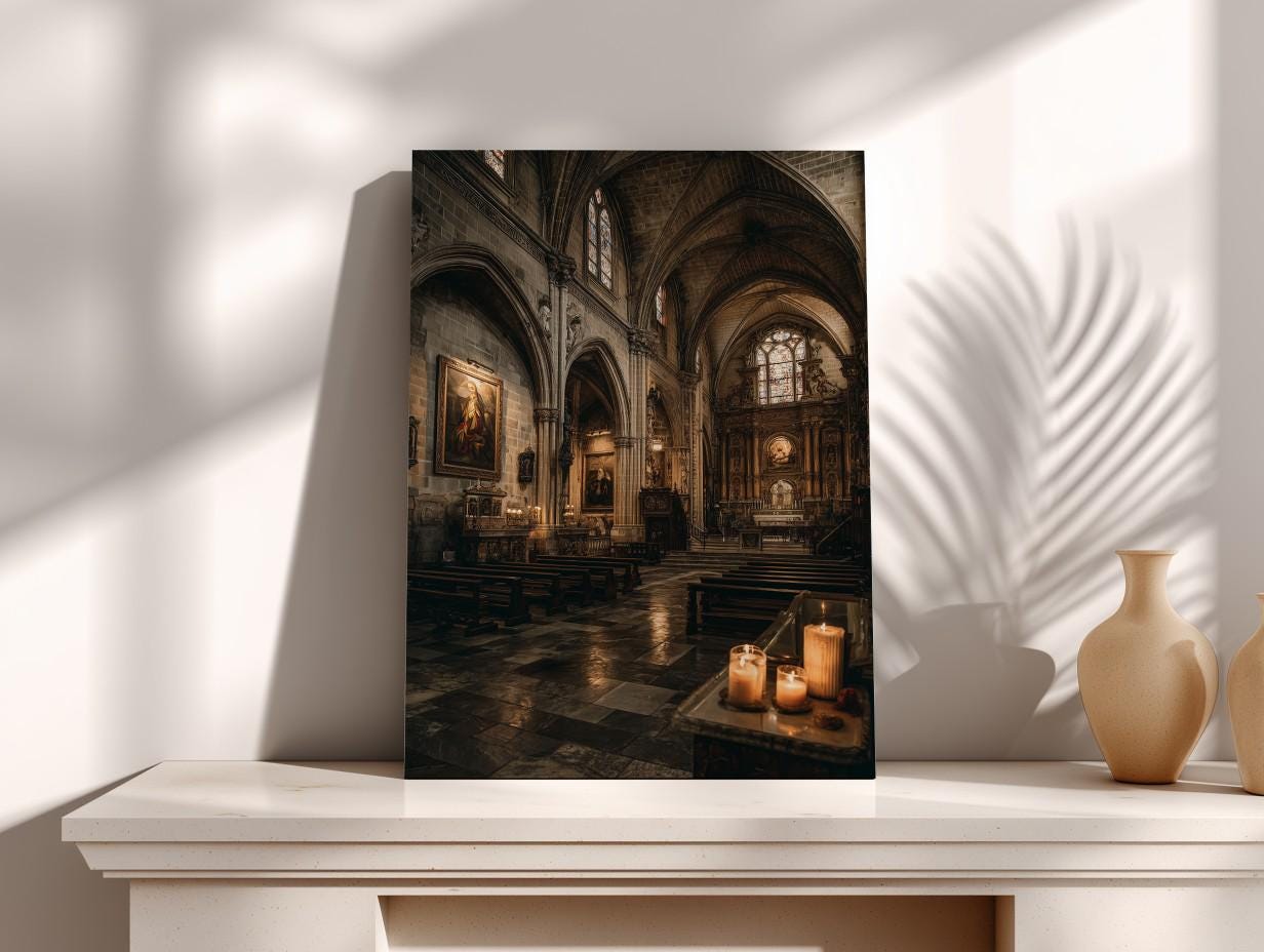 a grand, ornate church interior with high vaulted ceilings, arched windows, and a large altar. The space is illuminated by candles, creating a warm and serene atmosphere.