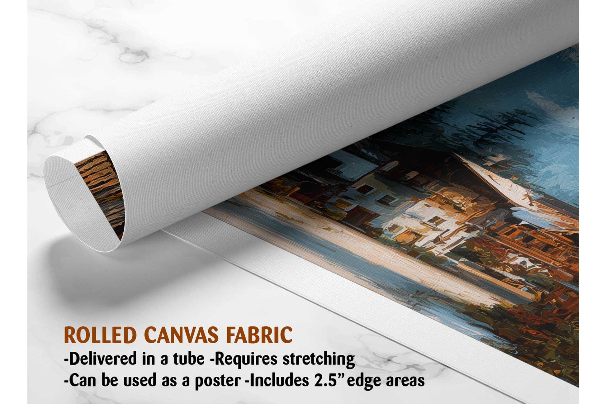 The image is a rolled canvas fabric, which is a type of canvas material used for painting or printing. It is described as a tube-delivered canvas fabric, which means it is delivered in a tube and requires stretching before use. It can be used as a poster with a 2.5&quot; edge area.