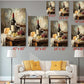The image is a living room with a white couch and a coffee table. Above the couch, there are six identical paintings of wine bottles and cheese displayed on the wall, each with a different size. The paintings are arranged in a grid-like pattern, with each painting having a specific size and position.