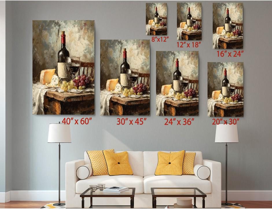 The image is a living room with a white couch and a coffee table. Above the couch, there are six identical paintings of wine bottles and cheese displayed on the wall, each with a different size. The paintings are arranged in a grid-like pattern, with each painting having a specific size and position.