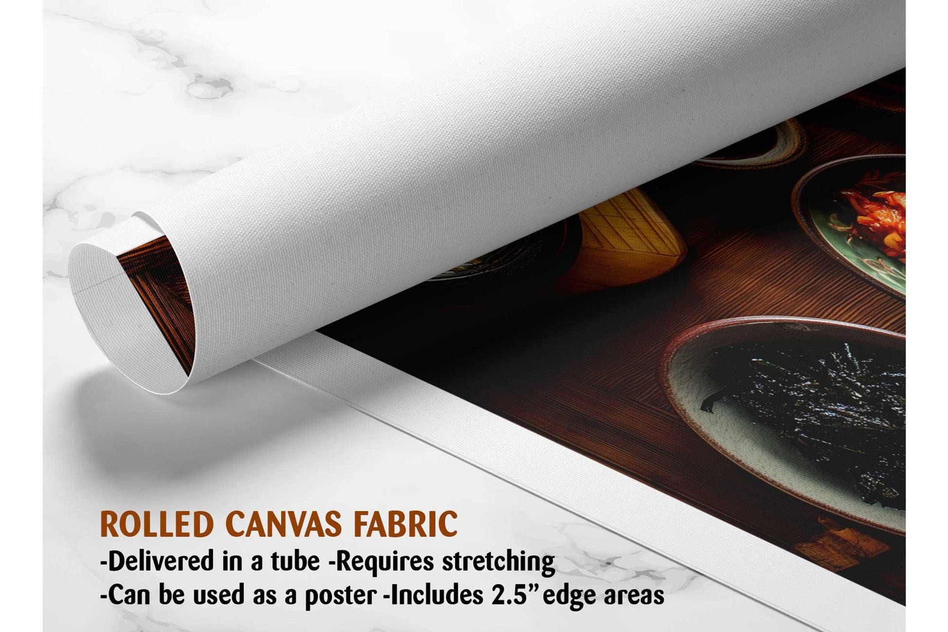 The image is a rolled canvas fabric, which is a type of canvas material used for creating posters or wall art. It is described as a tube-delivered fabric, which means it is delivered in a tube and requires stretching before use. The fabric can be used as a poster with a 2.5&quot; edge area.